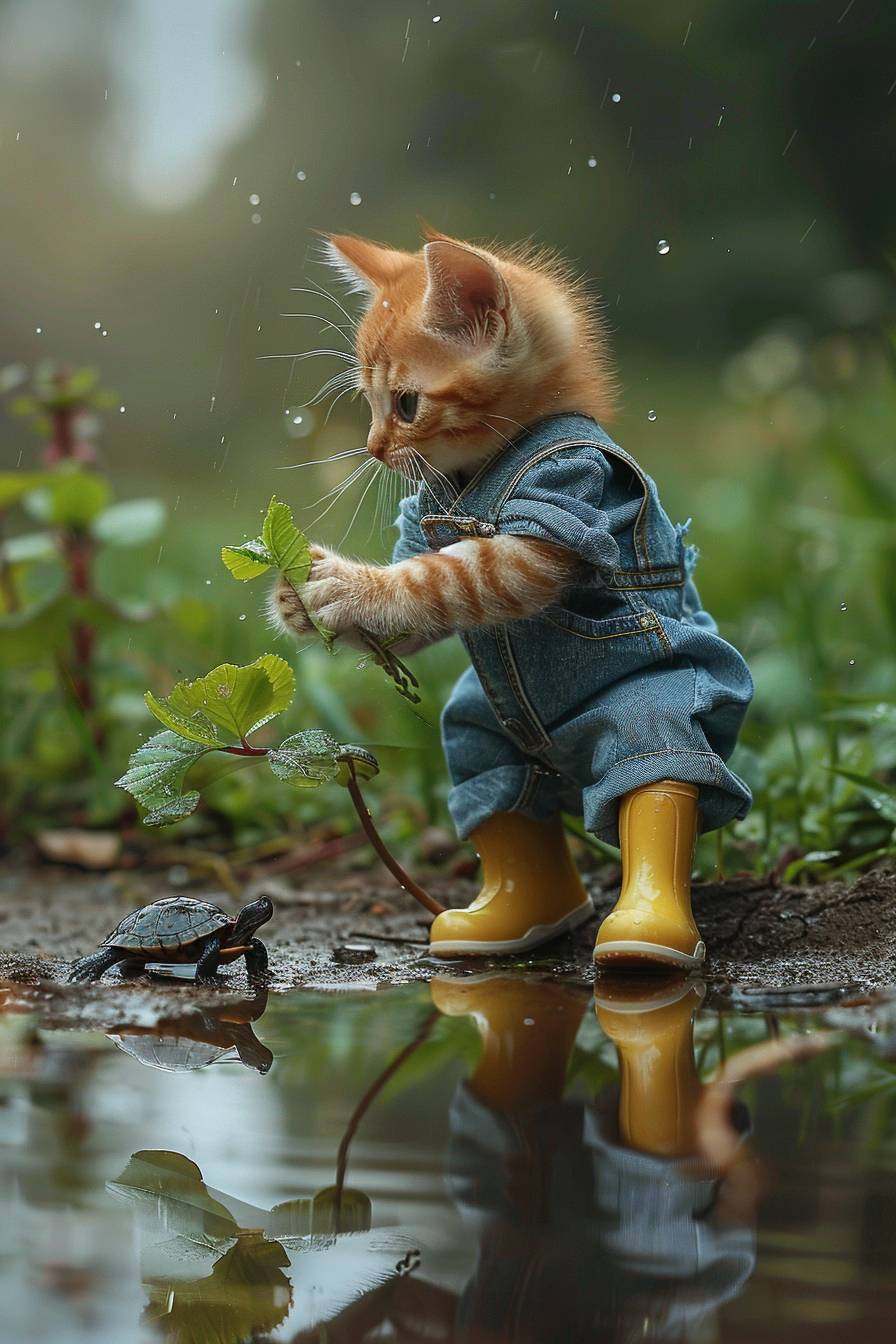 A photo of a realistic kitten wearing cute denim overalls and rain boots kneeling down and feeding a vegetable leaf to a turtle next to a pond in a park.