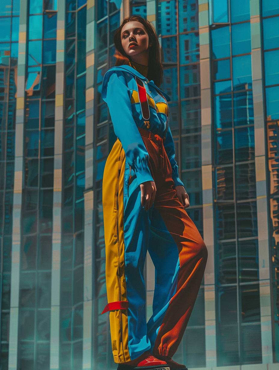 青、黄、赤の服を着たコーカソイド女性の全身写真で、リアルかつ高品質なものを都会の背景に合わせて撮影--アスペクト比3:4--バージョン6.0