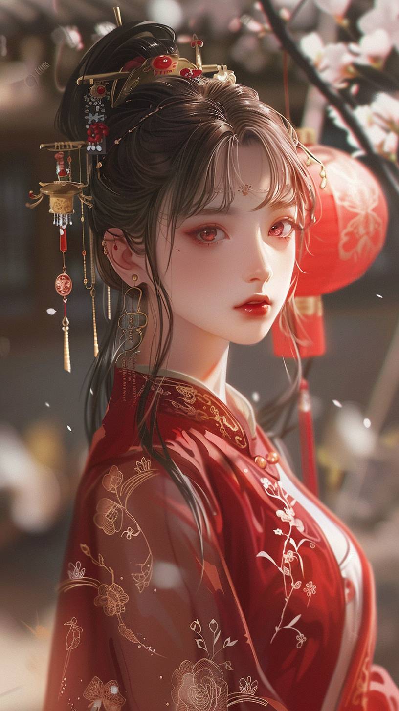 赤い伝統的な中国のドレスを着た女の子は、非常に繊細で美しいです。前髪があり、赤い目、肩よりやや短めの茶色の髪、そしてヘッドピースがあります。側面から見ると、灯笼があり、長い袖、中くらいの髪、赤いリボン、上半身、微笑み、レトロなプロフィール写真、最高品質の傑作で、アニメ風のスタイルです。