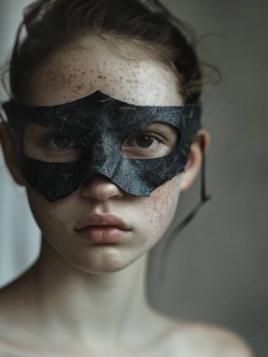 A 25-year-old girl with a mask-patch under her eyes, her face is completely visible on a gray background, the photo was taken with a Canon 50d camera.