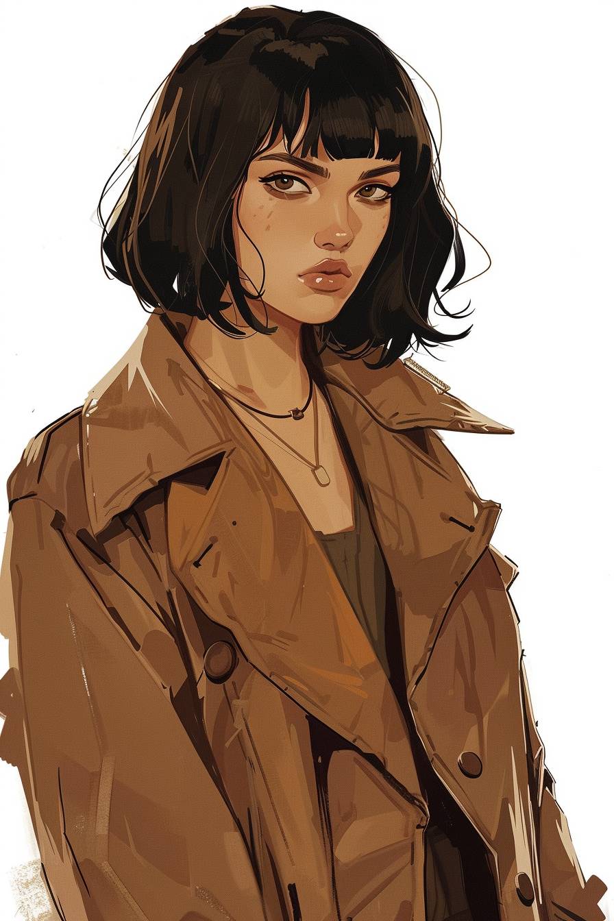 Young female wastelander, female wasteland survivor wearing a brown duster coat, with short black hair in a bob with bangs, survival attire, wastelander attire, Fallout New Vegas, Fallout, facing the camera, drawn in the style of a cartoon, cartoon art style, anime art style, Arcane art style