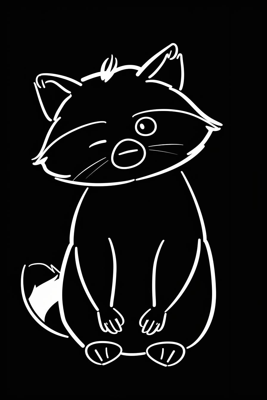 Create a very basic, minimalist white single-line drawing of a cartoon raccoon against an all-black background --ar 2:3 --v 6.0