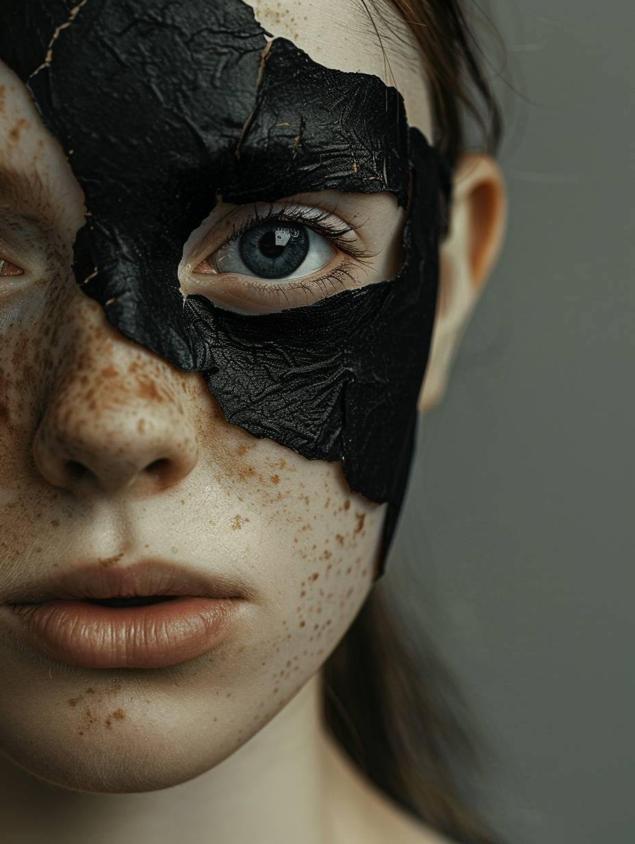 A 25-year-old girl with a mask-patch under her eyes, her face is completely visible on a gray background, the photo was taken with a Canon 50d camera.