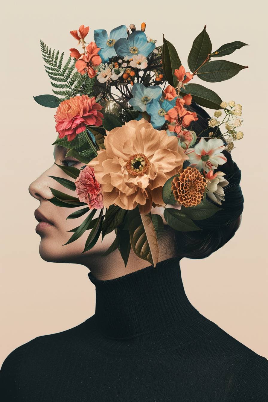女性の頭部に花が覆われている、グラフィックデザインのポスターアートのスタイルで、はっきりとしたエッジの定義と高いコントラストの背景、リアルなレンダリング