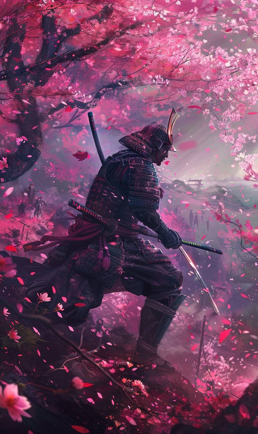 In the style of Emmanuel Shiu, a samurai warrior is training in a cherry blossom garden