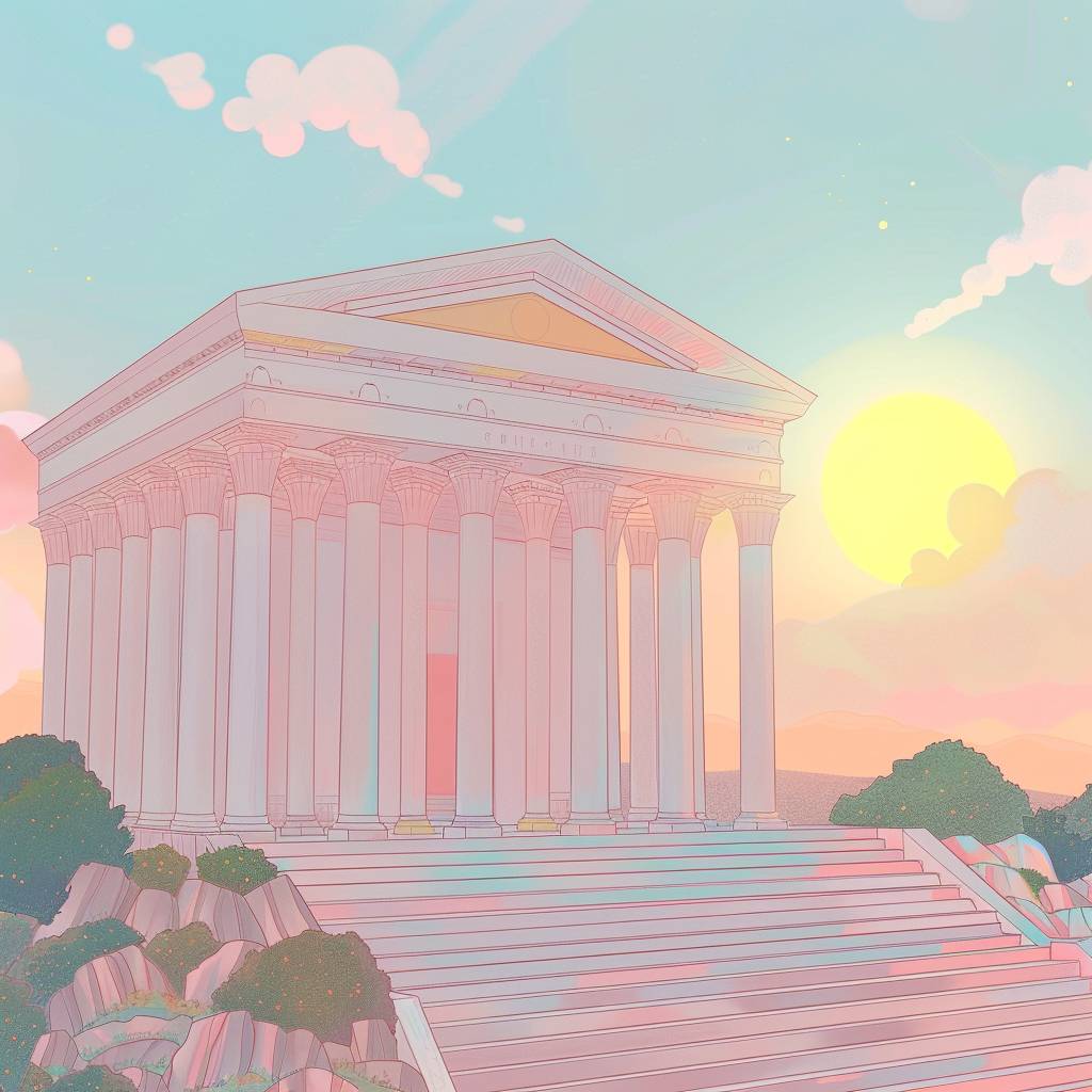 A large temple with columns, a triangular pediment, and a sun setting behind it
