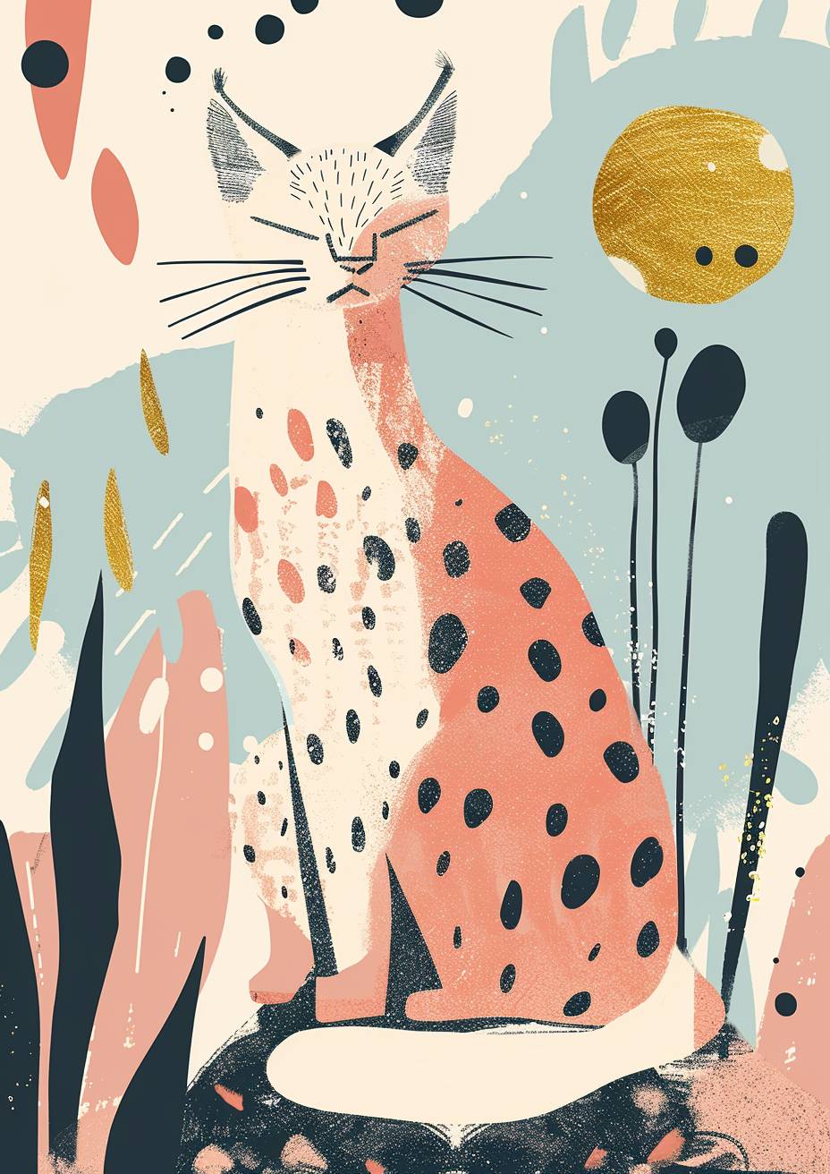 A minimal and whimsical illustration with a bold pastel color scheme; using marker art in the style of Matisse; inspired by I fall for you and aboriginal art; focusing on a lynx; the mood is playful and surrealistic. There is gold leaf all over the artwork.