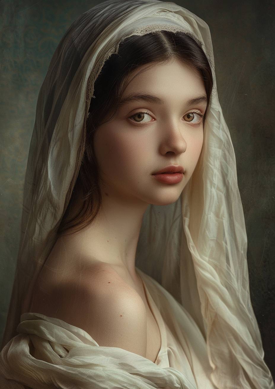 A young woman with ethereal beauty reminiscent of a young Felix Luna, captured in the timeless style of Giorgione, with soft lighting enhancing her delicate features, a subtle smile playing on her lips, draped in luxurious fabrics that cascade elegantly around her in a scene that exudes classical serenity and grace.