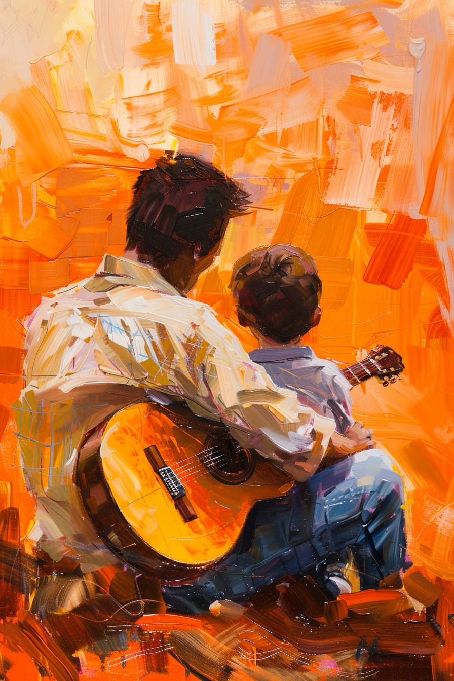 Father-son interaction scene art installation: Choose a warm father-son interaction scene, with the backs of the two playing guitar together, a solid color background, and orange as the main color