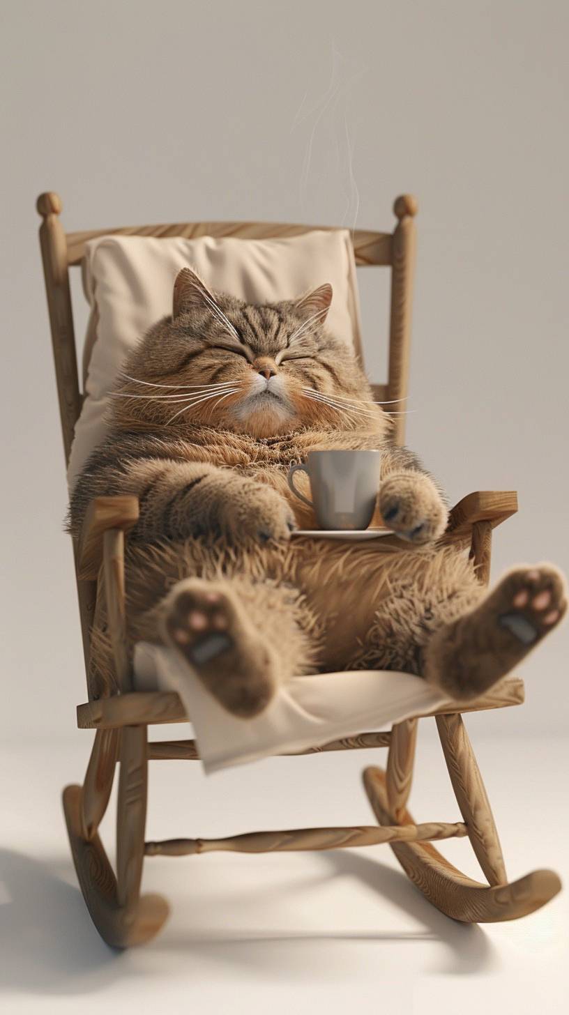 3D, cute chubby fluffy cat, contented expression, lying on the rocking chair, drinking hot tea, smooth white gradient background, cartoon style, minimalism, Canon camera, studio light