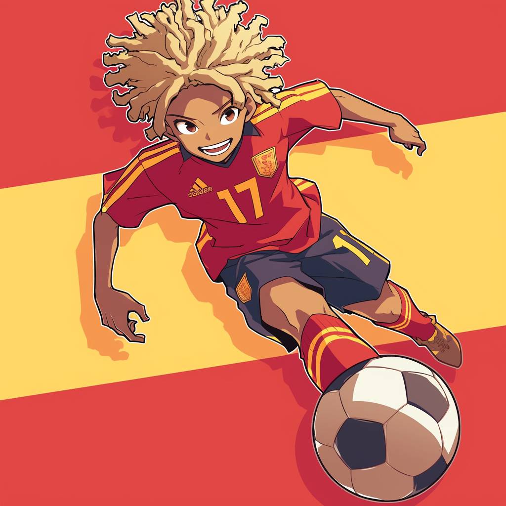 A cute anime male character wearing the Spanish national team jersey with number '17' playing football. The background is an illustration of Spain's flag. He is black and has afro hair with blond dreadlocks. His expression shows joy as he celebrates after kicking into high view for their goal. In the style of anime, Japanese manga, full body shot.