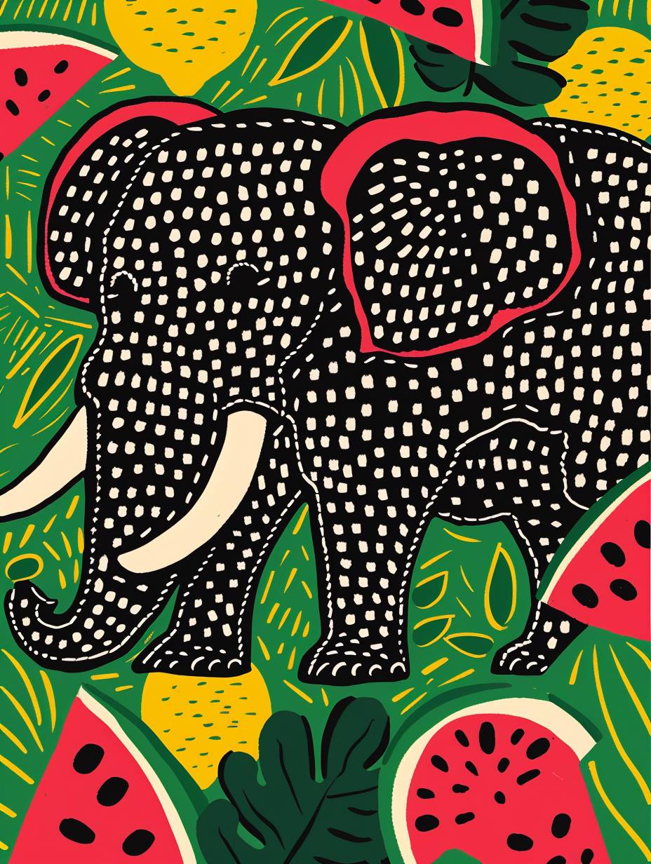 An illustration featuring a complete elephant, abstracted lemon and watermelon pattern in the background, Keith Haring style, vector style, clean color, high resolution, 8k detail