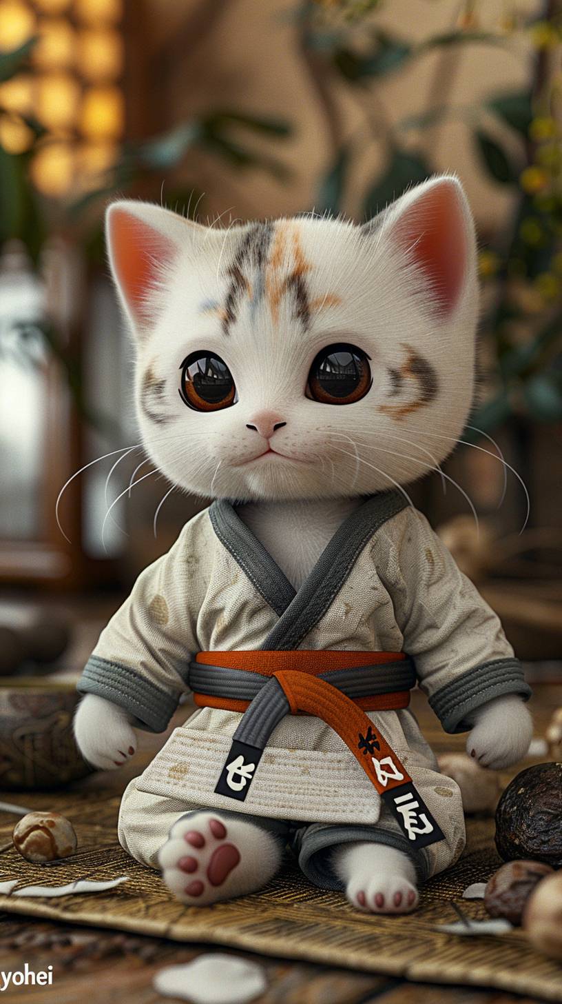 Clay animation style, a kitten wearing a judo suit is meditating in a dojo, his uniform belt says 'shohei', Unreal Engine, high quality, 16K --no text --aspect ratio 9:16 --stylize 750 --volume 6.0