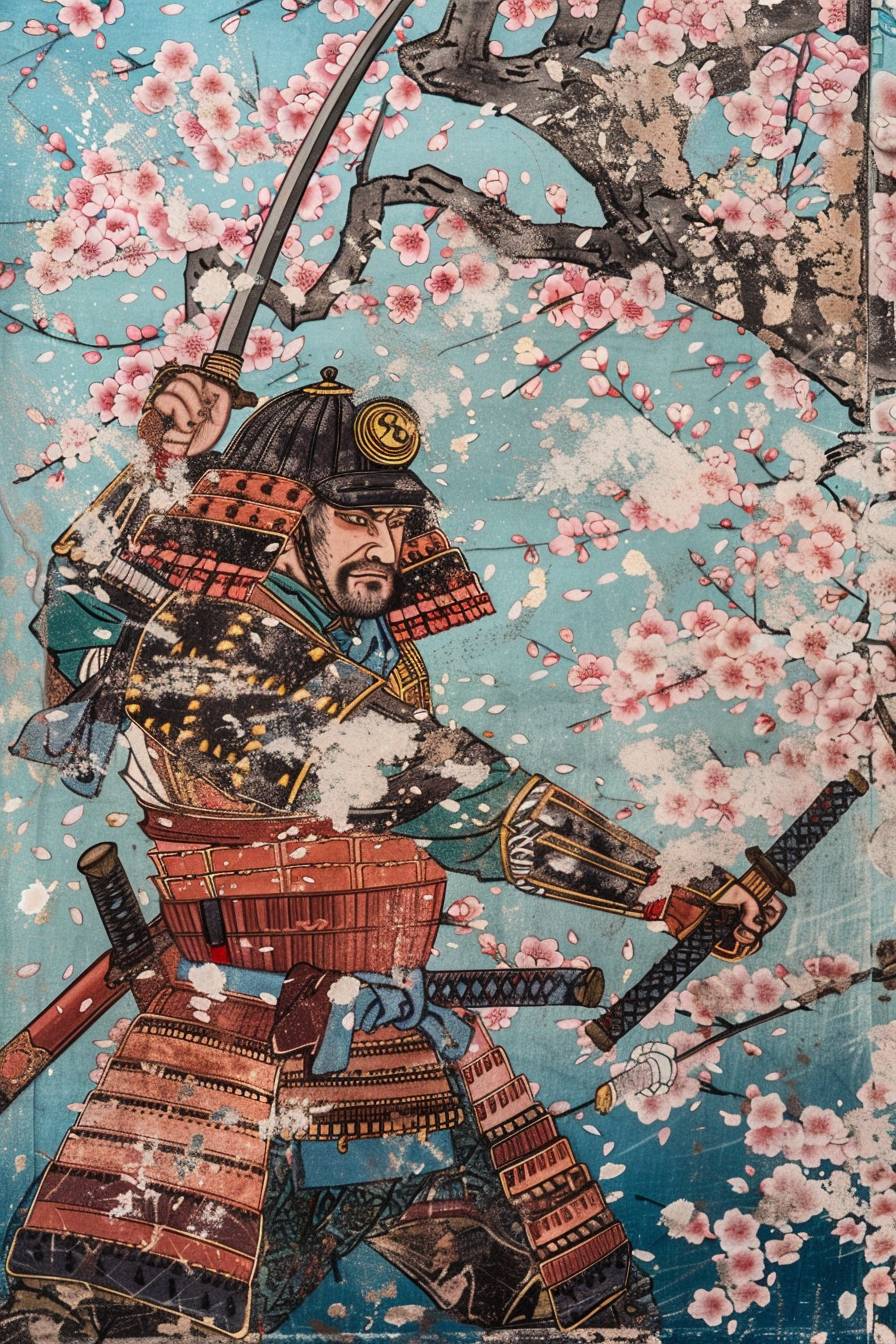 In style of Kunisada, Samurai warrior training in a cherry blossom garden