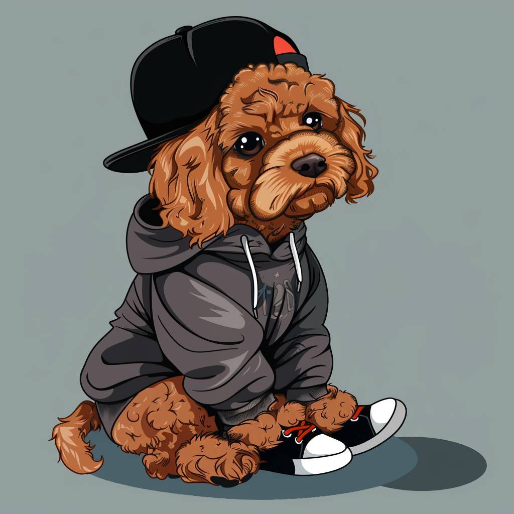 ヒップホップの衣装を着た茶色のCavoodleの子犬のイラスト。スタイリッシュなフーディー、ゆったりとしたパンツ、横向きの野球帽を着た子犬になります。背景はシンプルにして、子犬の詳細でかわいい姿に焦点を合わせます。