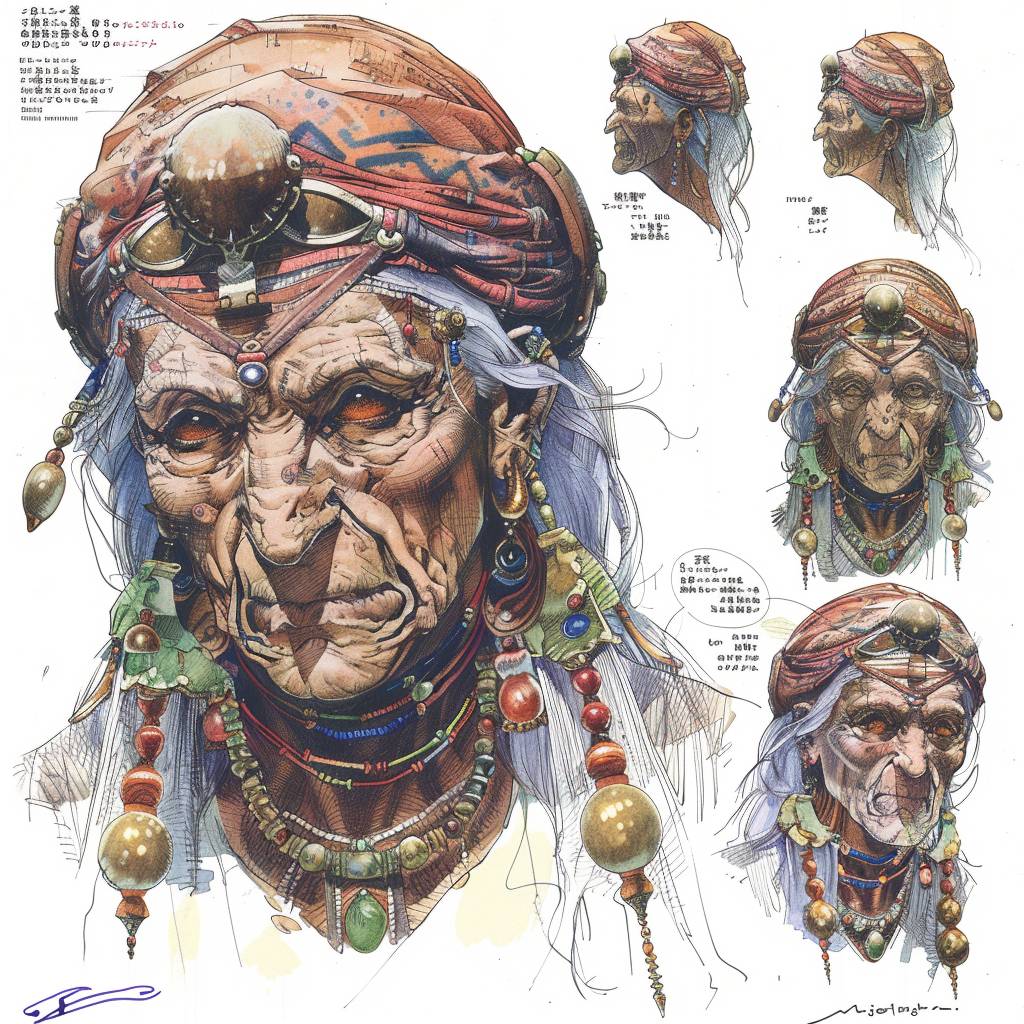 Wizened old female fortuneteller, head, close up character design, multiple concept designs, concept design sheet, white background, style of Yoshitaka Amano