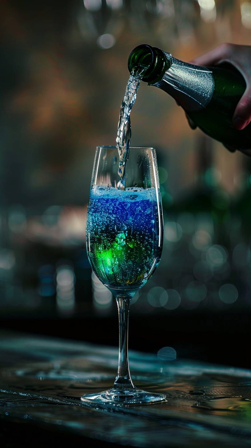 ワイングラスにはブルーのスパークリンググリーンが満たされており、下部の液体が上から流れて2層になっています。手が上品なボトルから注ぎ出し、その前にはダークウッドのバーカウンターが立っています。古い背景で、プロの写真スタイルで、広告写真スタイルで、高解像度です。