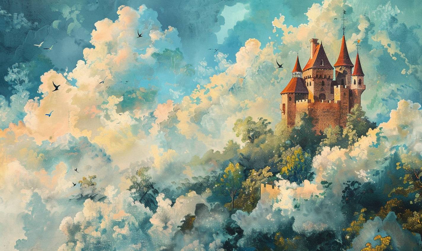 In the style of Grandma Moses, Fairy tale castle in the clouds