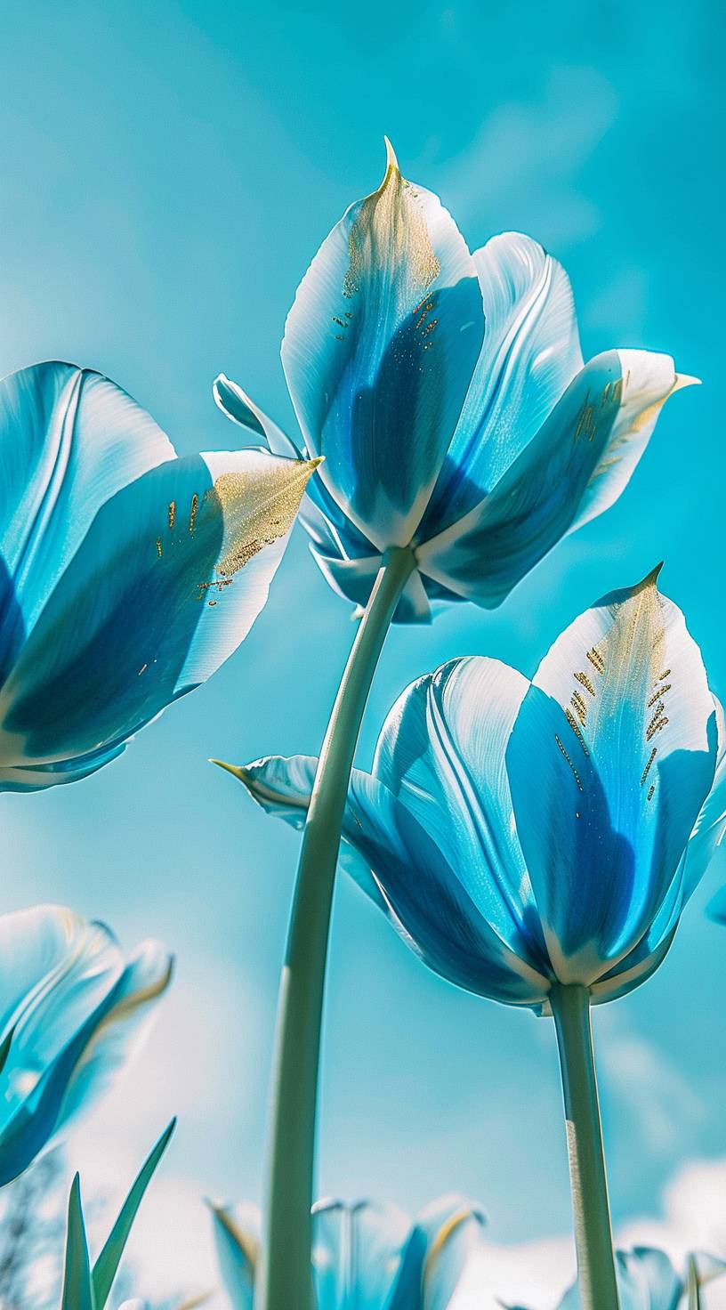 Blue tulip petals with an embroidered pattern in gold, set against the backdrop of blue sky, captured from below. The photo was taken in the style of Canon EOS R5 and has a closeup perspective. It is a high quality image with intricate details.