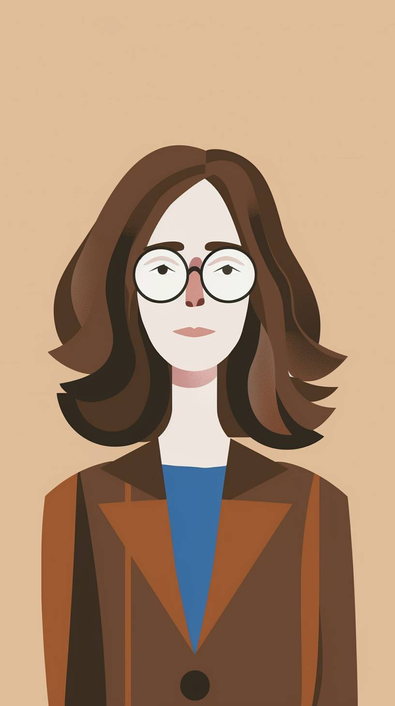 2D geometric flat illustration of a stick figure of a 60-year-old woman with shoulder length brown hair, brown blazer, blue shirt underneath, white glasses with circular frames