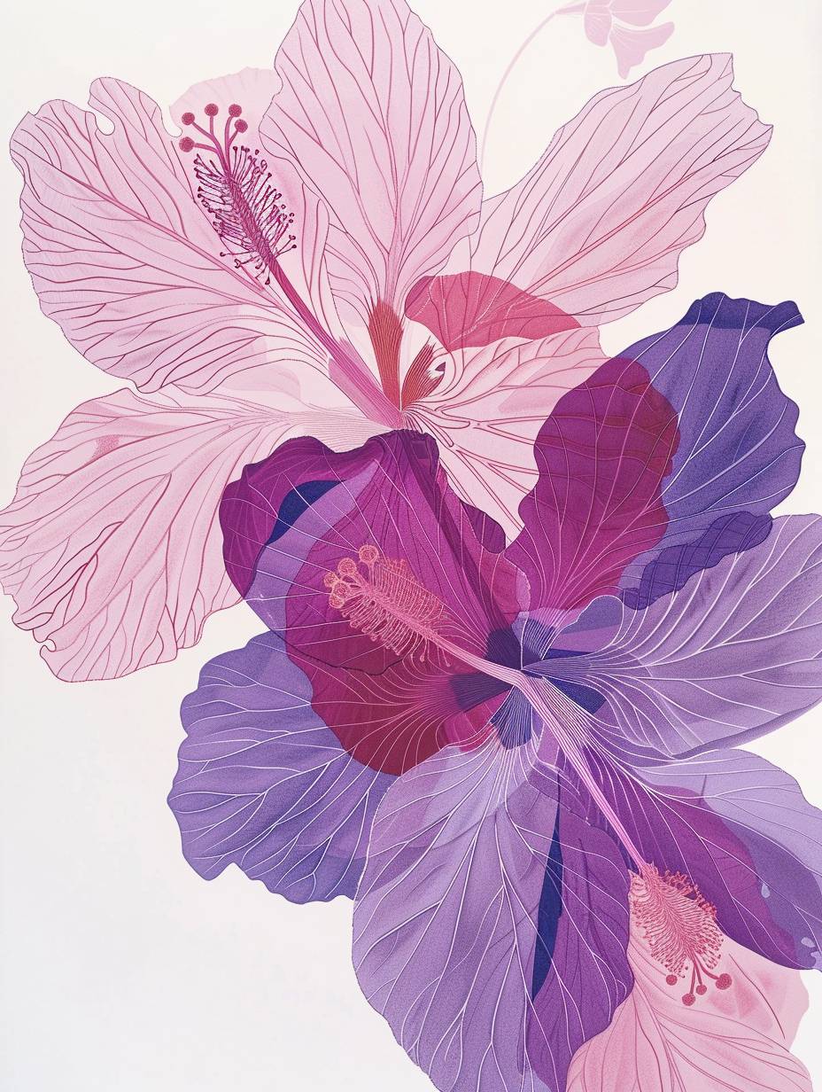 Minimalism and flat illustration, extremely close-up shot of Hibiscus, colored fiber, white background, lino cut, ballpoint drawing art style, continuous line drawing, one line art, linearism, fiber art, clear lines, clean images, minimalist composition, traditional Chinese color matching, meticulous Chinese painting style, Chinese Xuan paper texture, by Will Barnet, Giselle Dekel, James Turrell, Nick Veasey, Fuji Color Superia X-TRA 400, ultra detailed, UHD, 16K - ar 3:4 - v 6.0