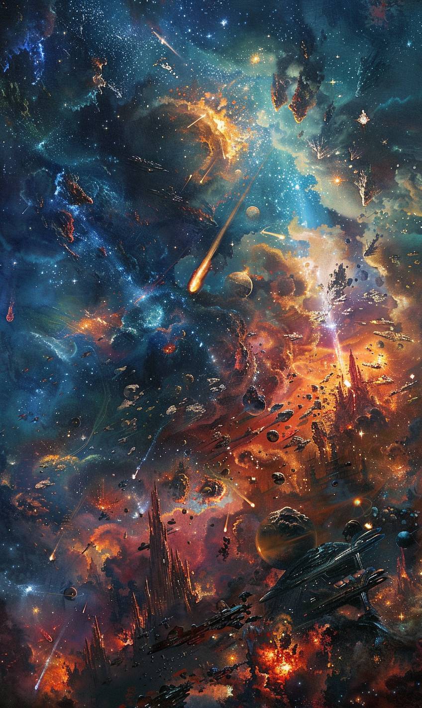 In the style of Emmanuel Shiu, cosmic battle among the stars