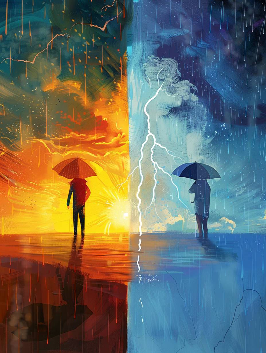 A healing style illustration depicts a person holding an umbrella alone during a storm, with a rainy sky and distant lightning in the background, the character in the foreground is strong and determined; another scene shows the same person, embracing his beloved with open arms on a sunny day, surrounded by the changing seasons, symbolizing the strength and love in life.
