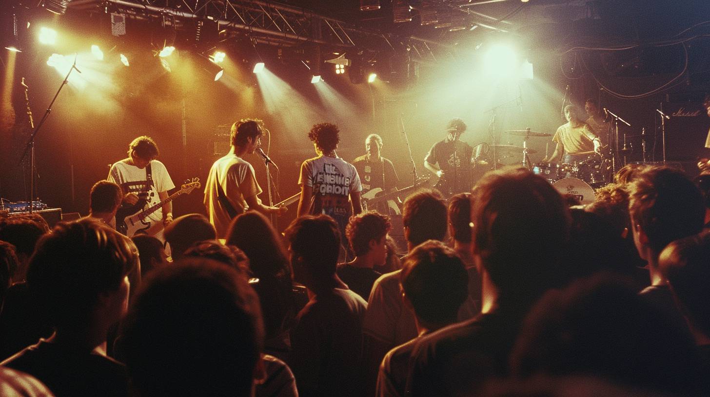 Seven teenagers at a rock concert. Excitement and anticipation. Band t-shirts. London music venue. Evening in 1991. Stage lights, crowd, band setting up. Wide shot, full body. Shot on a Minolta X-700, Fujifilm Superia 400. Dynamic lighting, motion blur, high grain.