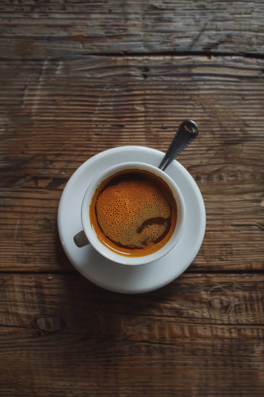 Espresso cup with spoon in saucer, Wes Anderson style, hyper realistic photo, camera flash, minimal, kitsch, birds eye view, overhead perspective photo, eye level, 4K