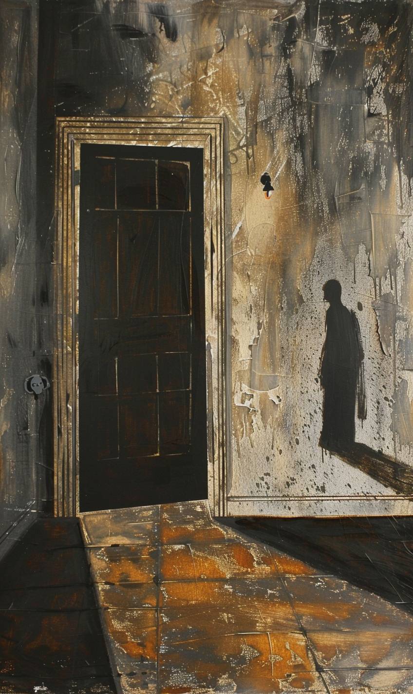 In style of Gary Bunt, Haunted mansion with creaking doors and shadows