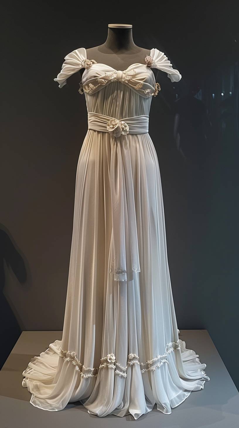 A wedding dress from the 2100 Vogue catalogue. The realistic dress is made of satin and inspired by Greek goddesses, while maintaining a modern touch. The dress is on display.