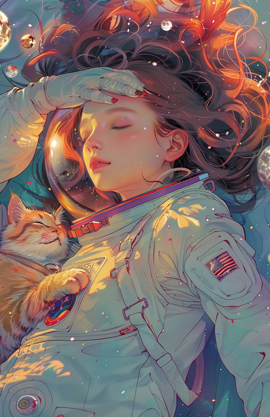 An astronaut girl is lying on her back, holding the cat's paw with one hand and smiling at it. The closeup drawing of hands is in a colorful pencil drawing style with flat illustration and dreamy colors. The bright pastel color palette uses simple lines like vector art with soft lighting and delicate details. The surrealism style has an ultrahigh definition and hyperrealistic quality.