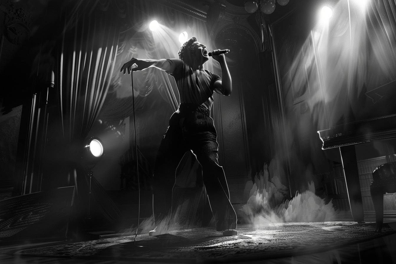 A black and white photorealistic opera singer hitting a high note, comic book art with pencil outlines, chiaroscuro portraitures, 2D game illustrations, hyperrealism, high contrast, wide shot, full body, deep focus, monochrome, digital painting, cinematic lighting, octane render --ar 3:2 --v 6.0