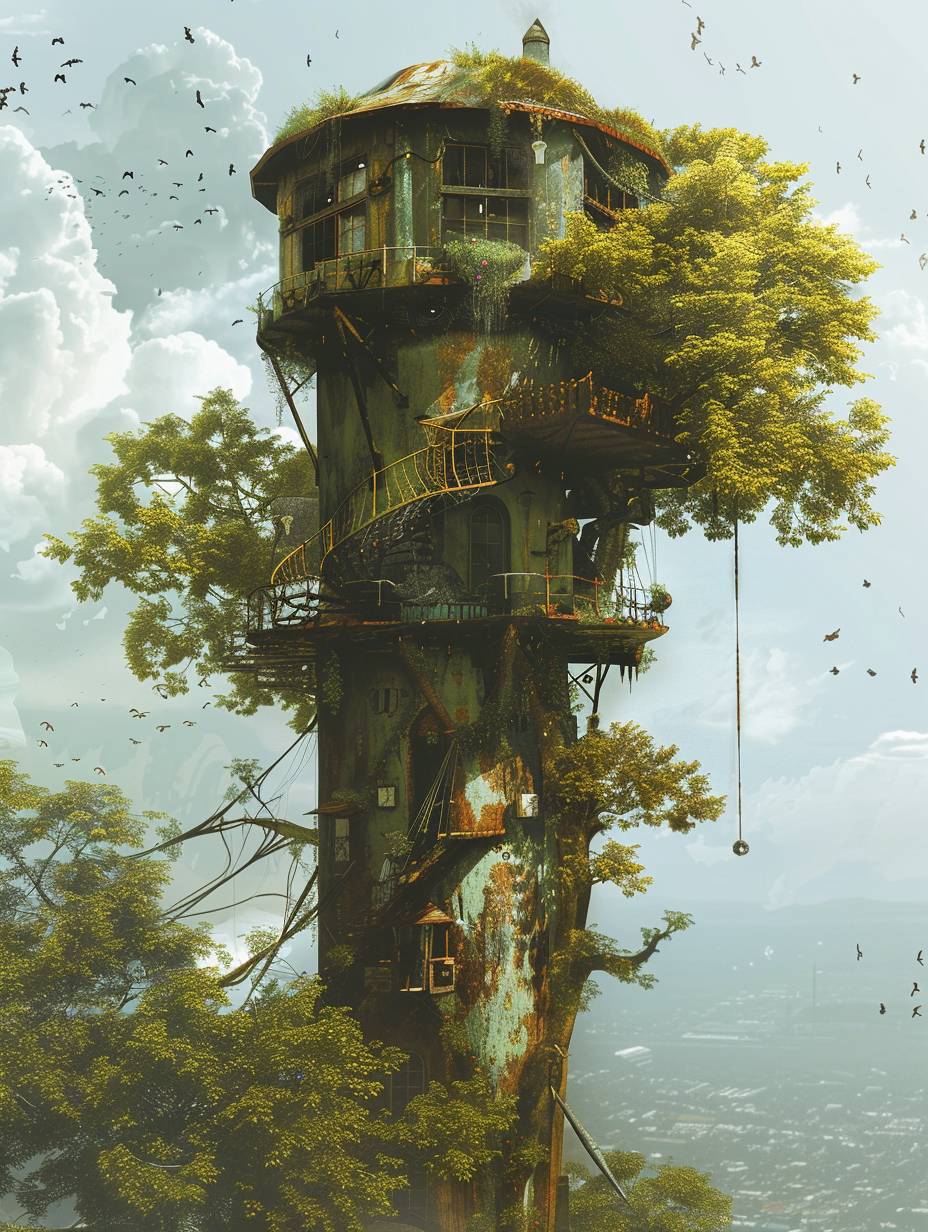 Concept art of a tree-top dwelling for a manapunk real estate development