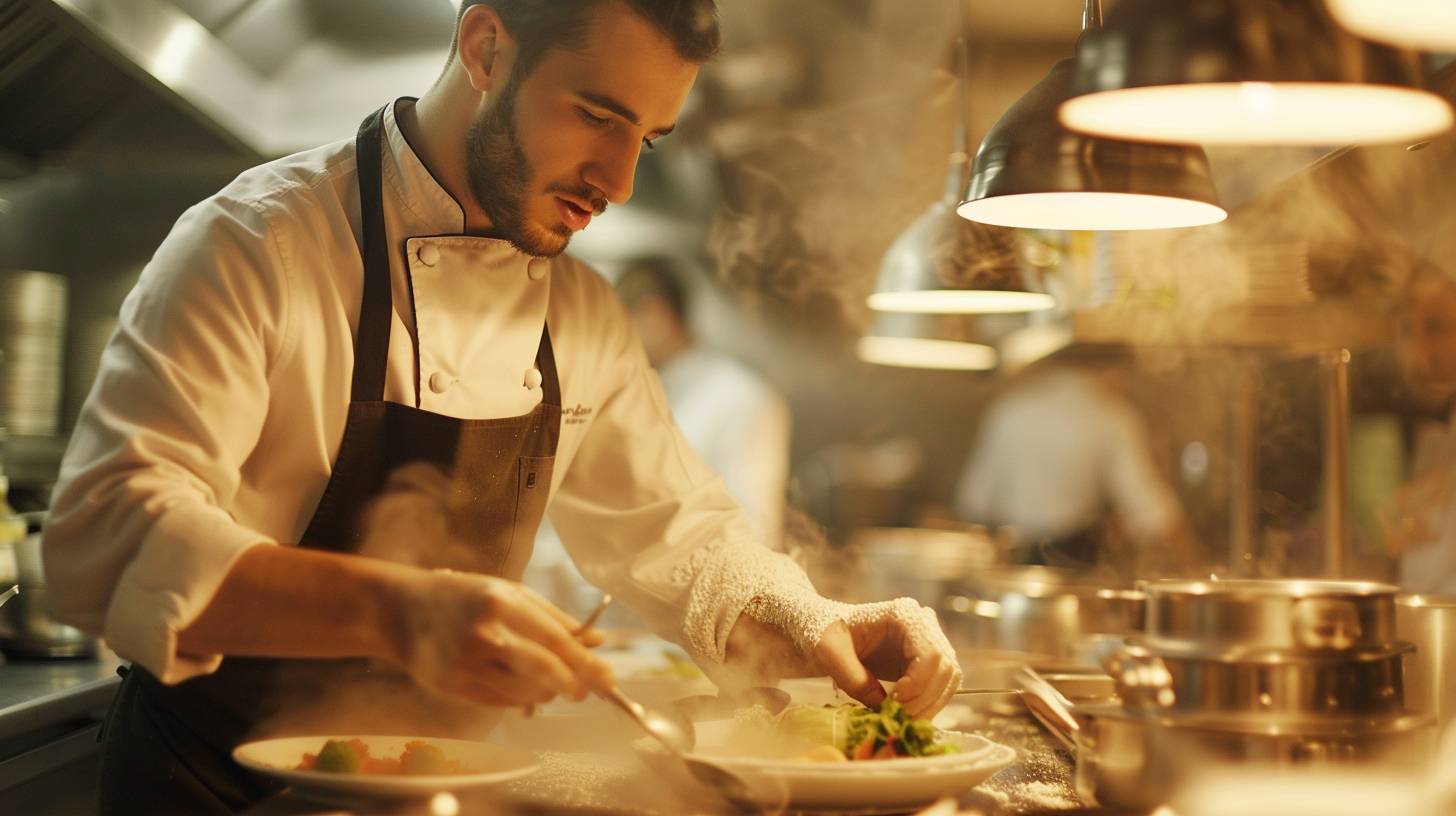 Chef in a bustling kitchen, garnishing a dish. Focused expression. Flour dusted on his apron. High-end restaurant. Evening. Stainless steel appliances, busy staff in the background. Medium shot, waist up. Warm lighting, steam rising from the dish. High definition.