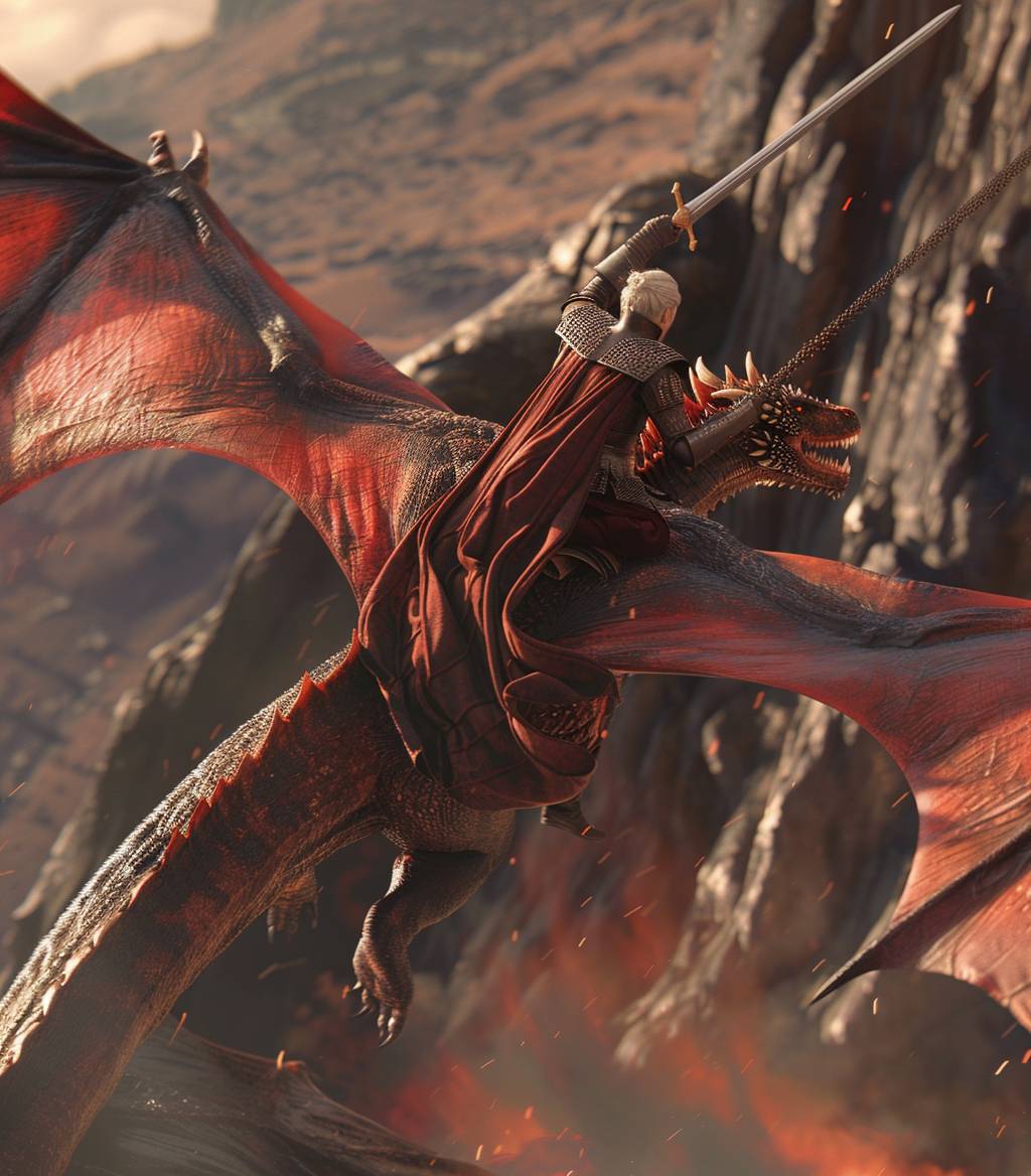 House of the Dragon scene featuring a Targaryen prince engaged in a dragon-riding battle, set in the skies above King's Landing, capturing the essence of power, betrayal, and the struggle for the Iron Throne, style focusing on epic landscapes, intricate costumes, and intense drama, Game of Thrones style, film render --ar 7:8 --v 6.0.