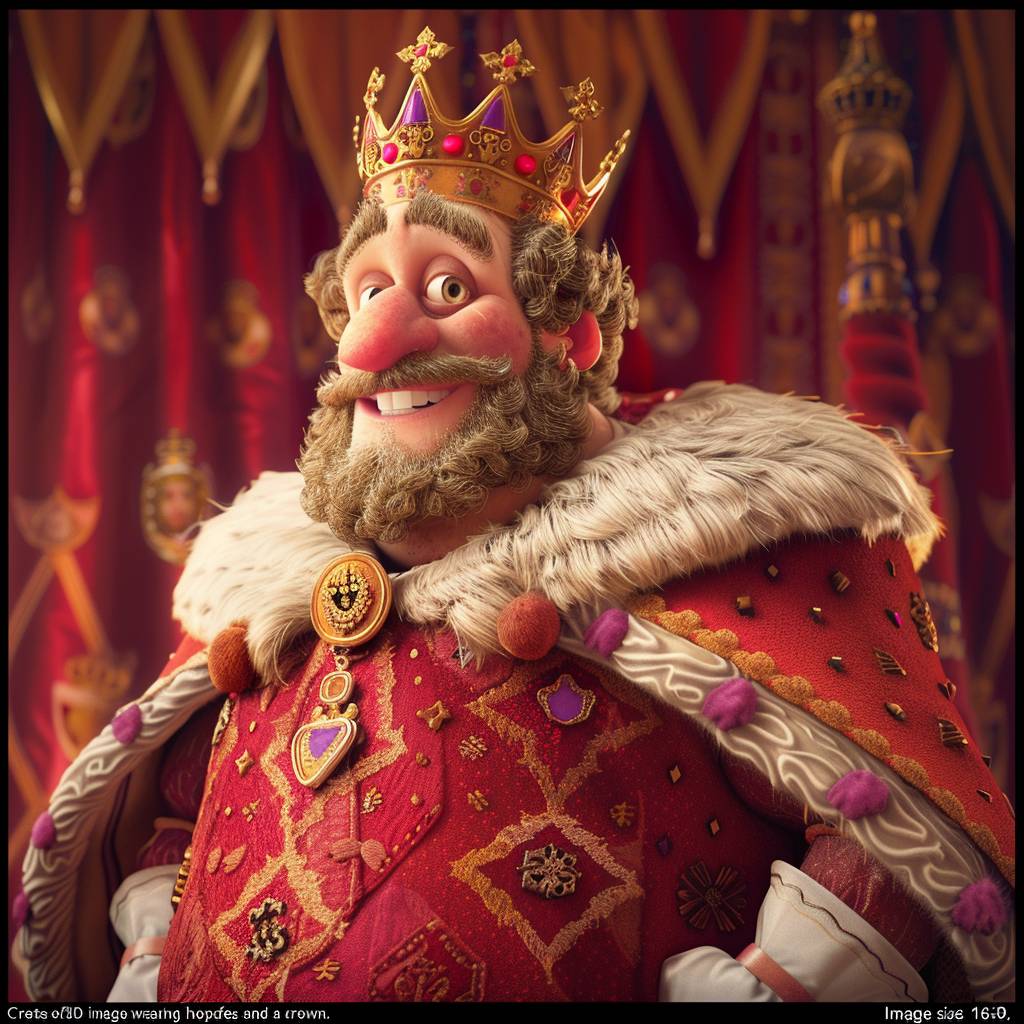 キングプロンプト：「王冠と王の衣装を着た威厳ある国王のピクサースタイルの高精細3Dイメージを作成してください。親切で希望に満ちた表情を持っているべきです。画像サイズは16:9です。」