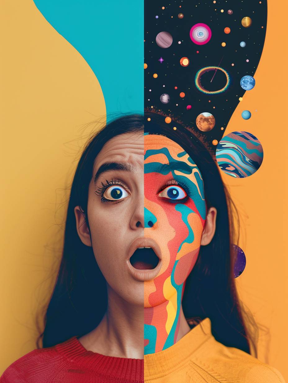 One half of the picture is a vintage photo of a woman, making a surprised face, the other half with perfect transition continues as a cartoon character of the same woman with psychedelic colors.