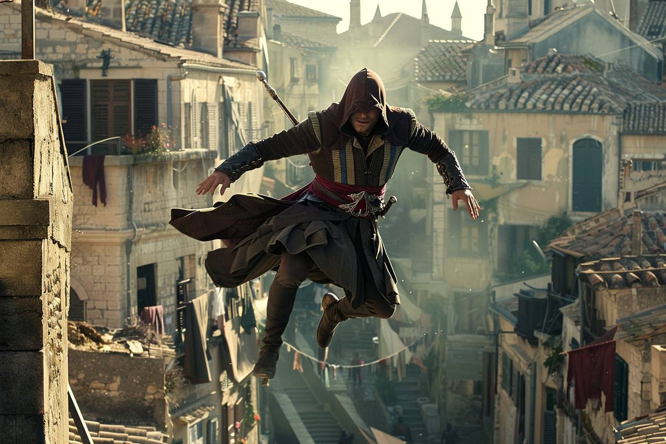 A hooded assassin runs agilely across rooftops, leaping between buildings in a medieval city --ar 3:2 --style raw --sref 2454215926 --sw 25  --v 6.0