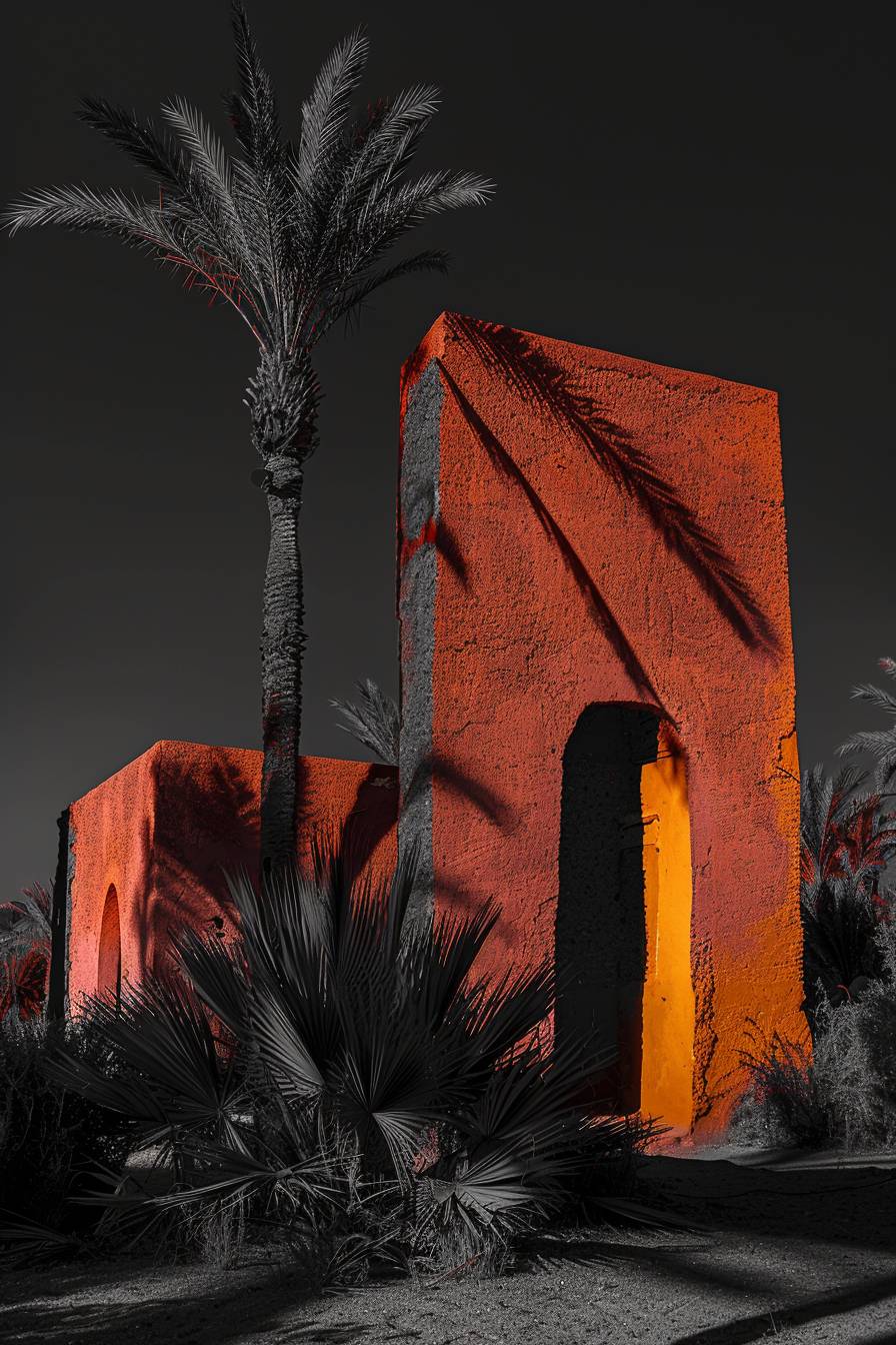 A photograph of monumental geometric-shaped topiaries inspired by the painter Henri Matisse. Located in the desert oasis. Intense light. Surreal ambiance.
