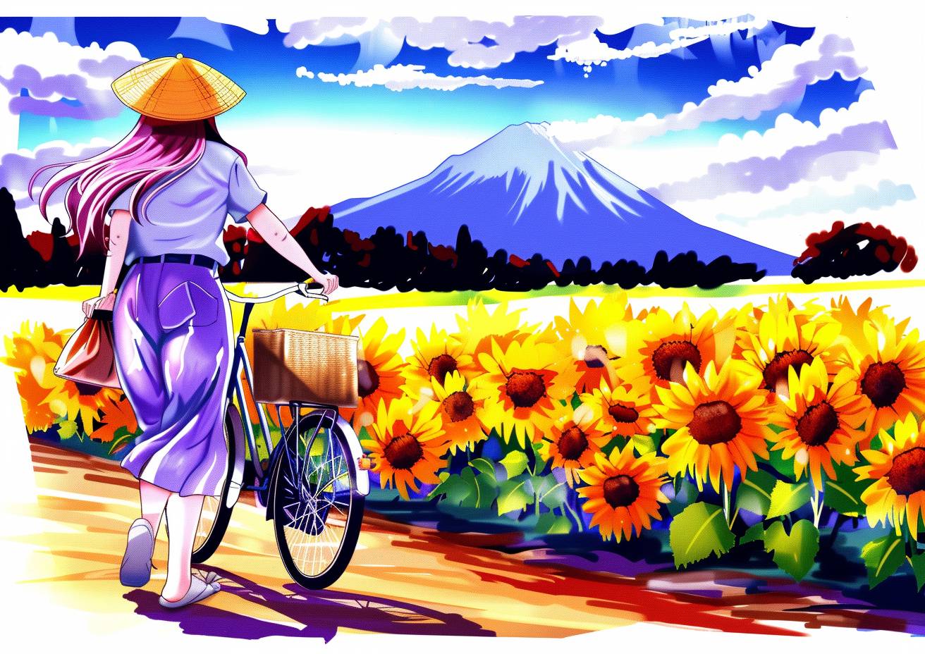A French woman walking her bicycle, a field of sunflowers along a dirt road