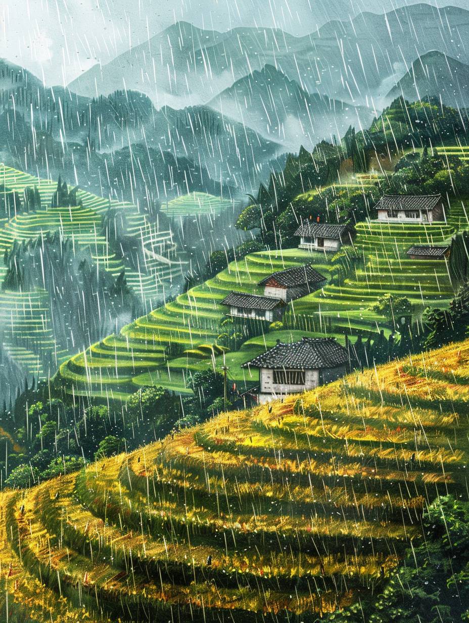 Grain Rain, terraces, raining, hyper-realistic style, photographic lens