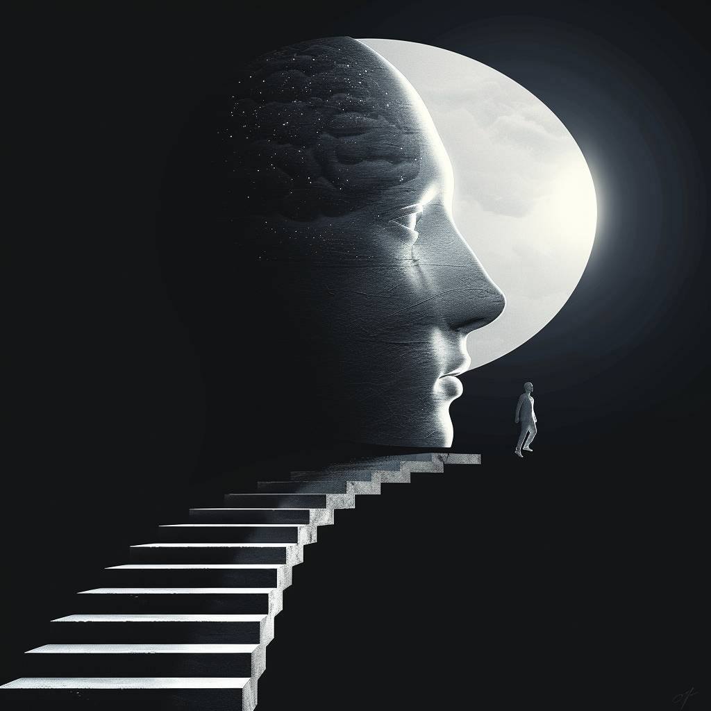 Create a digital artwork featuring a sculptural silhouette of [SUBJECT] head with an open mind revealing stairs inside. A lone figure is seen ascending the stairs, symbolizing personal growth. The scene is set against a stark black background with minimalistic design elements. Illuminate the piece with a white gradient lighting for a surreal effect. Ensure the artwork is in sharp focus, with a surreal, ethereal atmosphere.