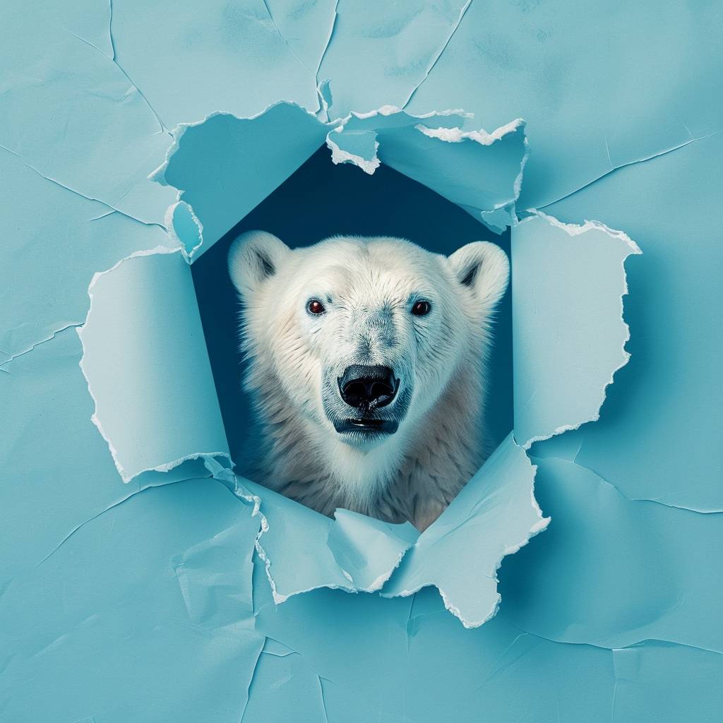 かわいい北極熊、破れたシーツの穴にいて、シンプルな青色の背景