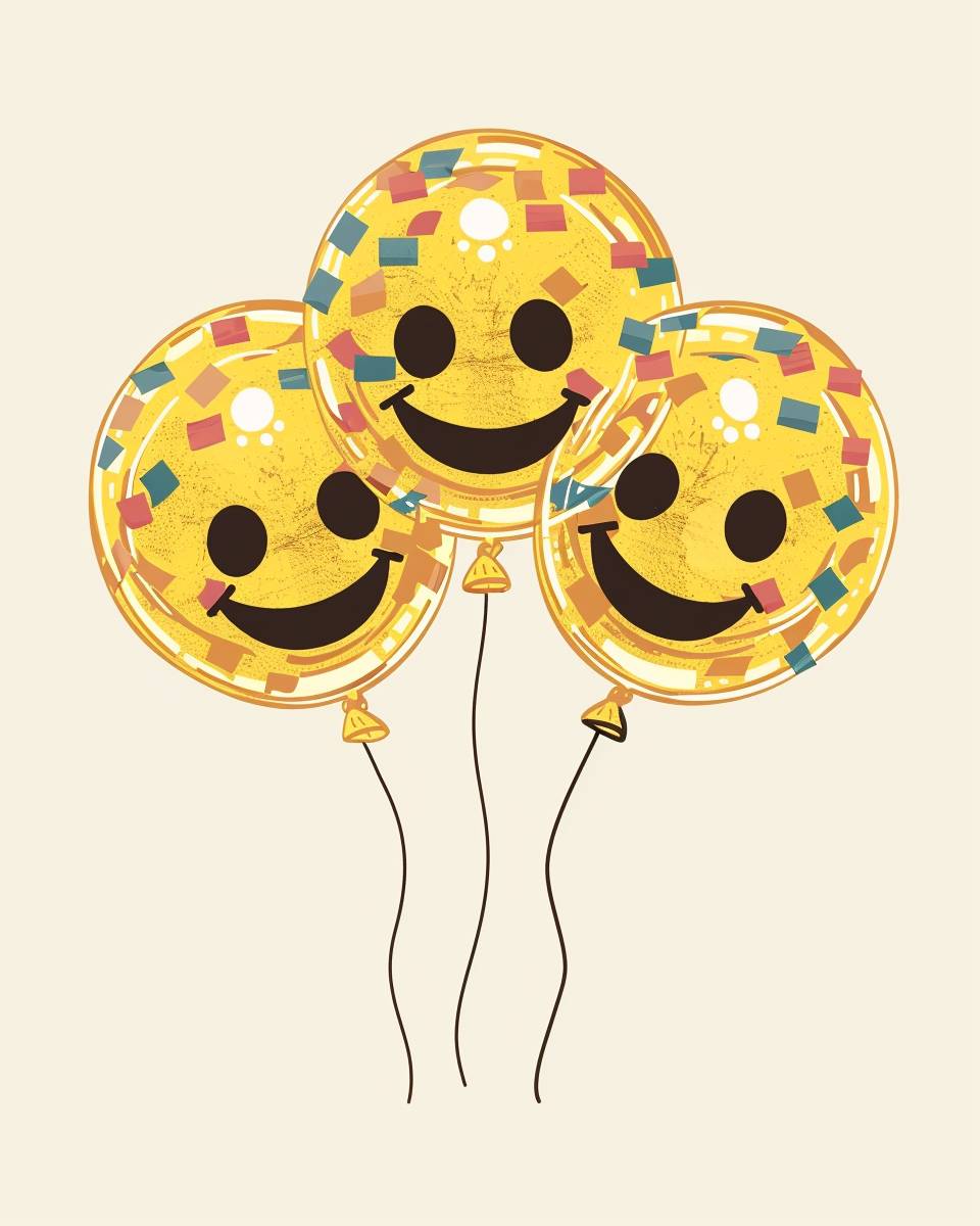 Flat print, yellow smiling emojis that is a balloon disco balls, the emoji ballons are made like disco balls, plain pastel cream background, illustration, retro poster art