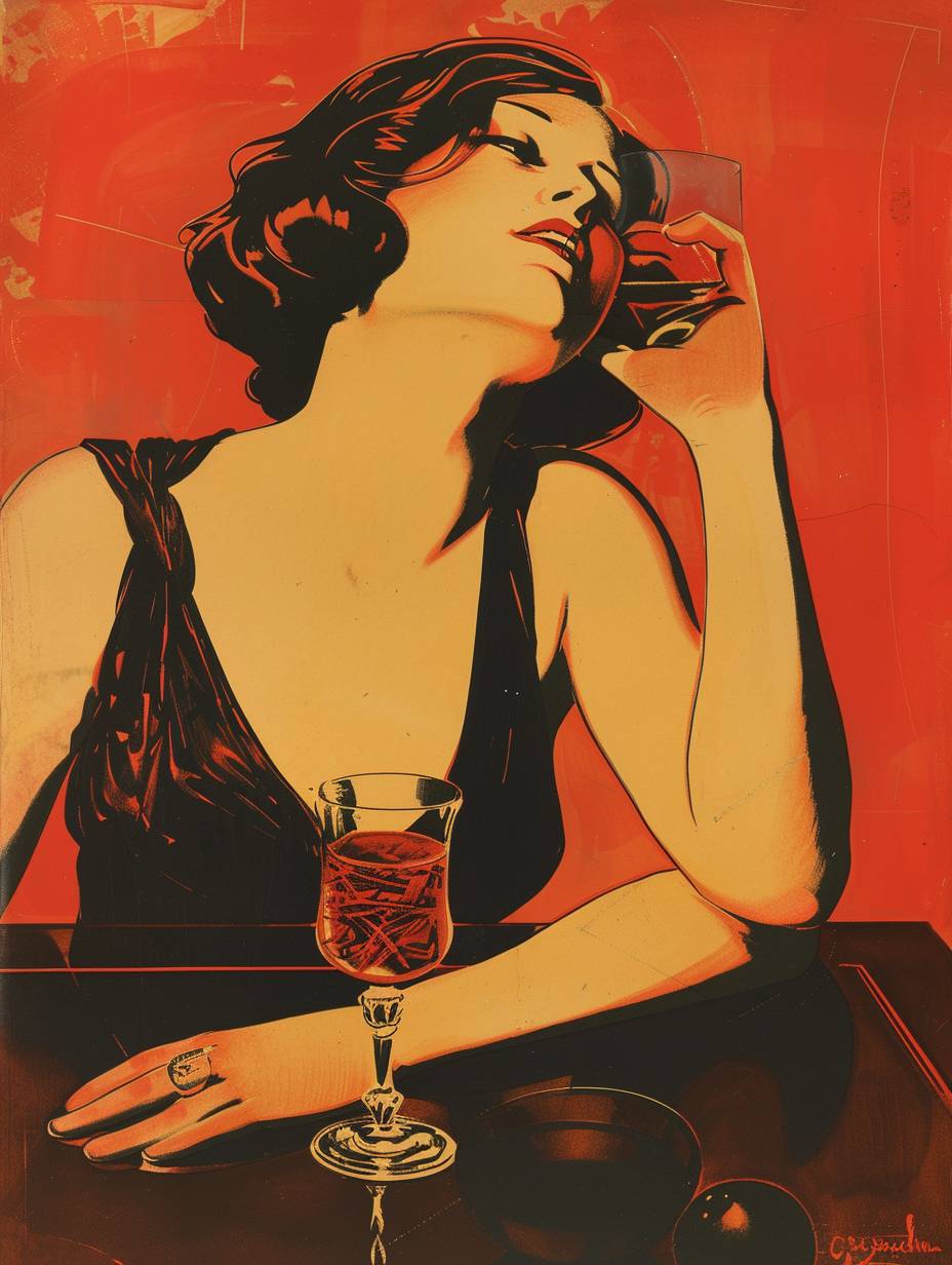 ヴィンテージアートポスター、Monopol-Andermattのバーで、シンプルな女性像とアルコール飲料のグラスが混ざり合っています。マルチェロ・ドゥドヴィッチのアートスタイルです