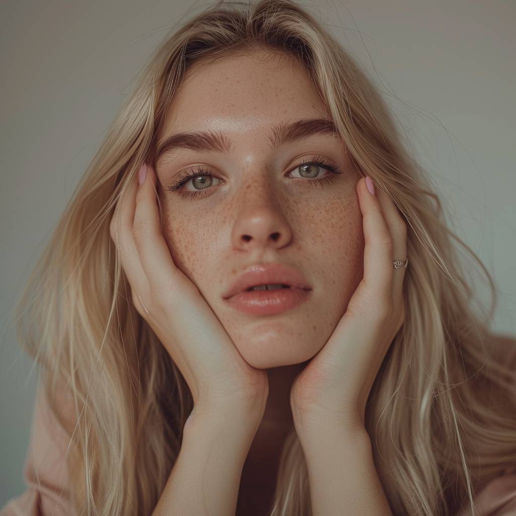 A woman with long blond hair and pink nails, in the style of light black and light beige, Cluj school, expressive eyes, webcam, soft edges, Allyson Grey, dreamlike quality