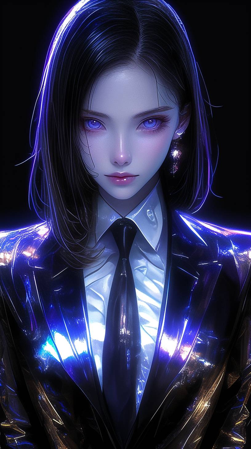 Front view, Beautiful and cool 20-year-old girl wearing super fashionable iridescent blue and golden suit, mid-range portrait, Heart to heart movements, bright and simple surreal background, surreal character, fair face, Author: Hajime Sorayama, Tetsuo Hara, Yuki Kamei, Makoto Shinkai, Studio Ghibli, Nikon D850, 32K