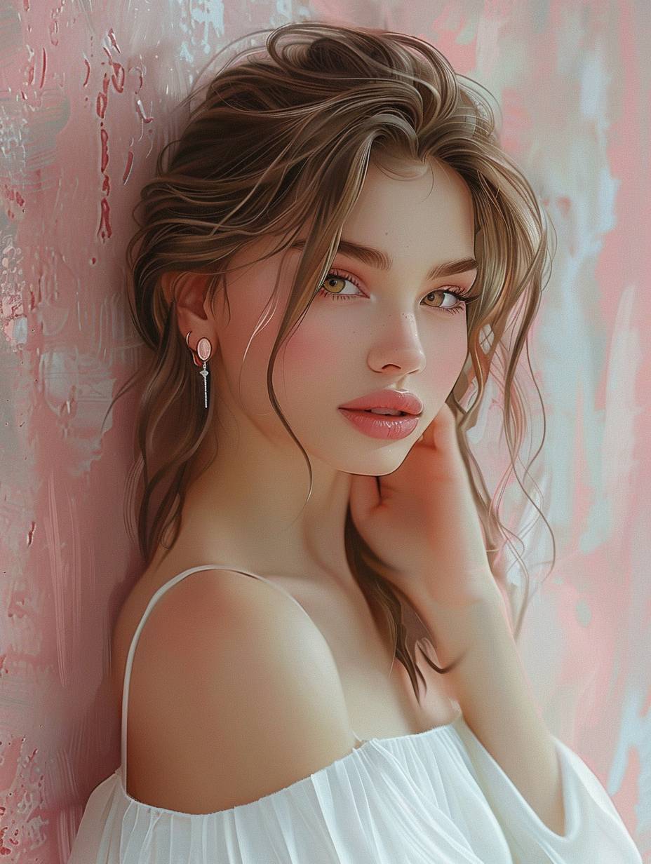 A beautiful girl with light brown hair, wearing earrings and a white dress, leaning against a wall painted in pink-red tones, looking at the camera, half-body portrait, digital art style, ultra-realistic illustration, pastel colors, soft lighting, close-up, high resolution, hyperrealistic