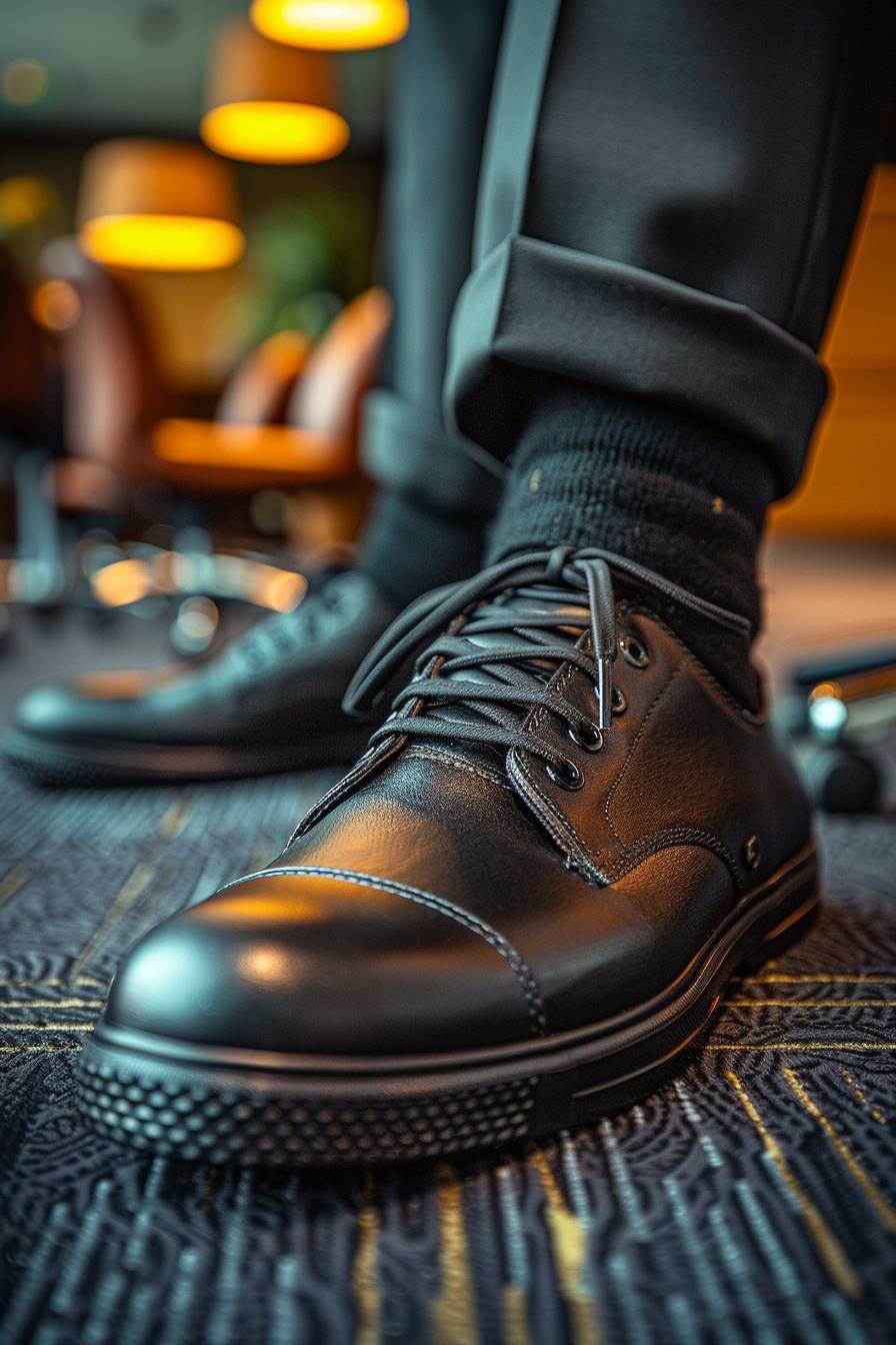 A close-up photograph of a man's foot wearing a black Converse shoe, paired with tailored suit pants, in a formal boardroom setting. He is sitting, and other men's formal shoes are visible in the background. Clean and minimalist style, sharp focus, natural lighting, professional atmosphere, HD quality, natural look.